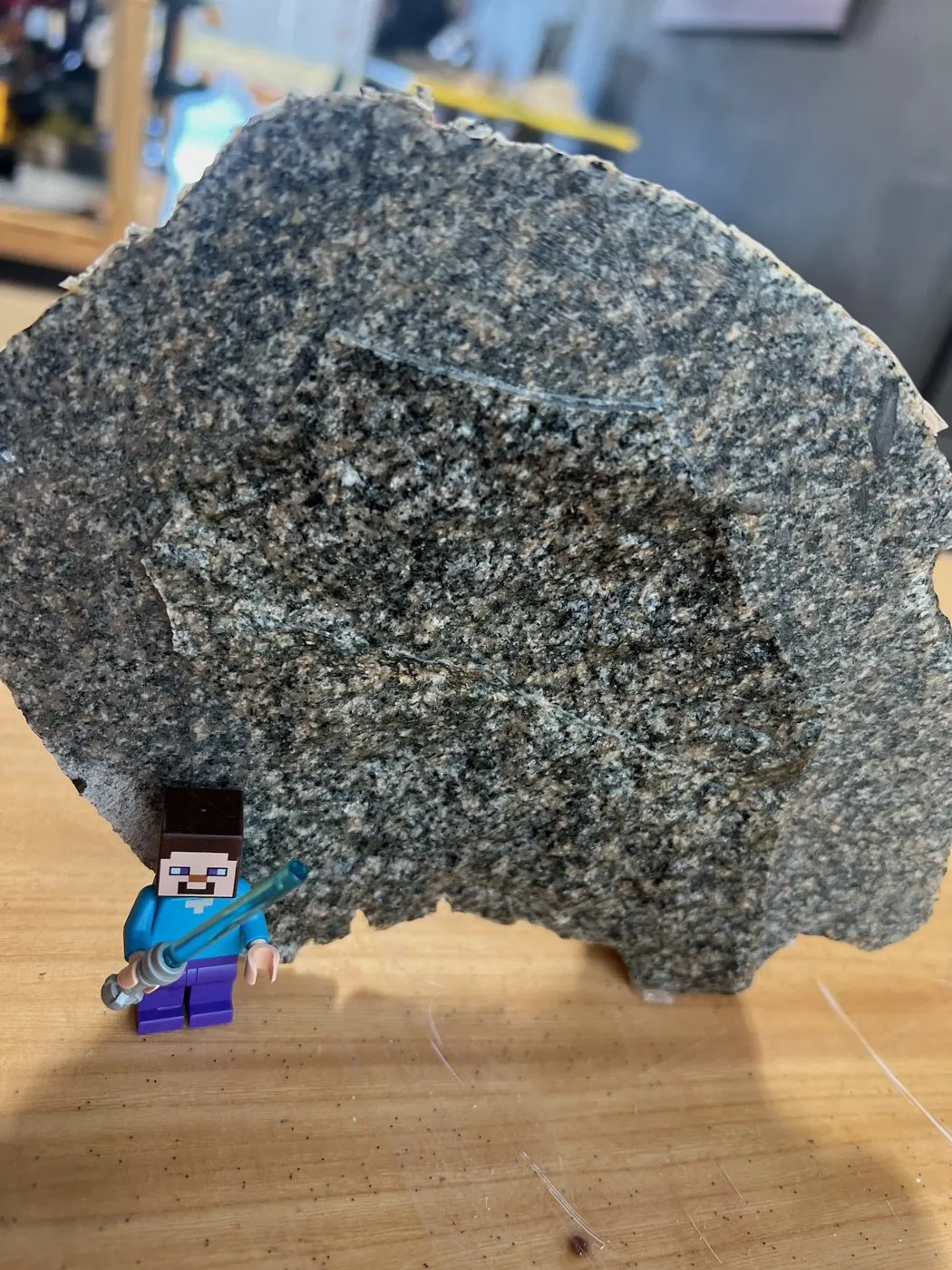Saw-cut face of Glacial Granite #001 showing its fine salt-and-pepper grain, with a toy figure for scale
