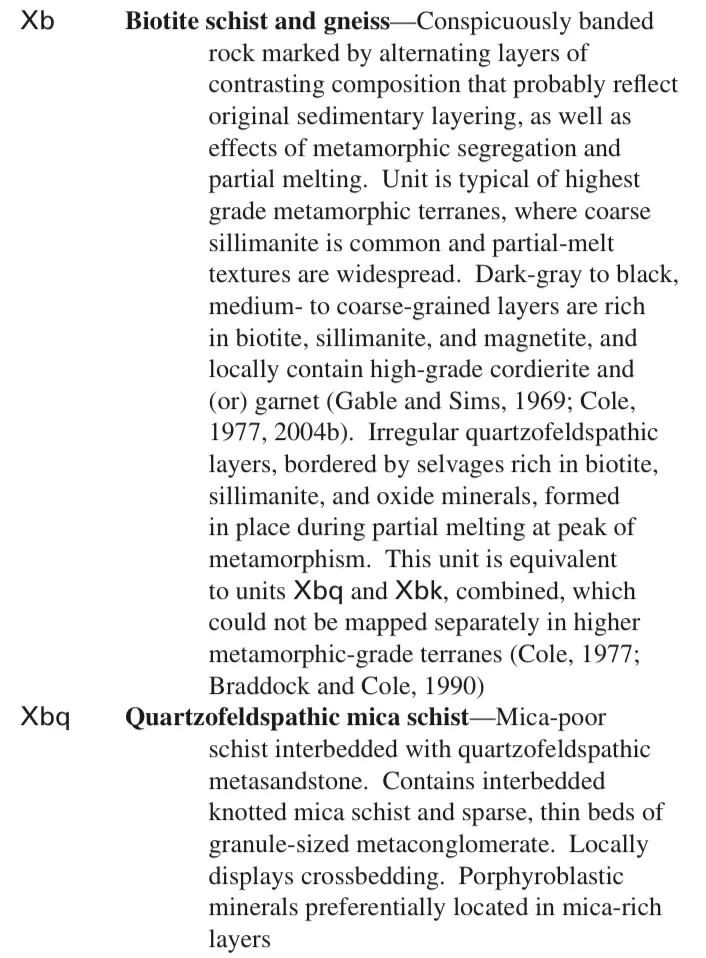USGS map descriptions of Xb, biotite schist and gneiss, noted as equivalent to units Xbq and Xbk combined, and Xbq, quartzofeldspathic mica schist: mica-poor schist interbedded with quartzofeldspathic metasandstone